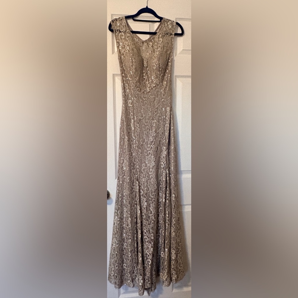Betsy & Adam Silver Lace Evening Gown 2 Shimmer Formal Wedding Dress